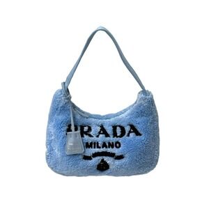 Prada Hobo Handbag Triangle Logo Blue Black Terry